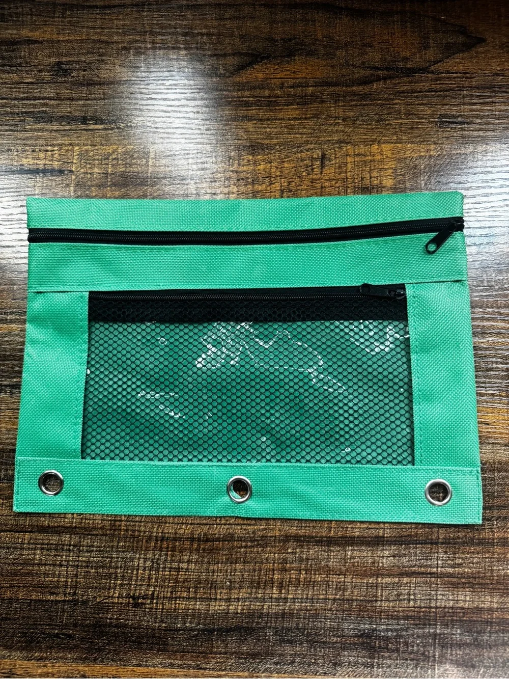 Green 3-Ring Binder Pencil Pouch with Mesh Pocket & Zipper Closure New